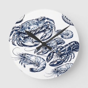 Nautical Seafood Lobster Crab Sketch Round Clock