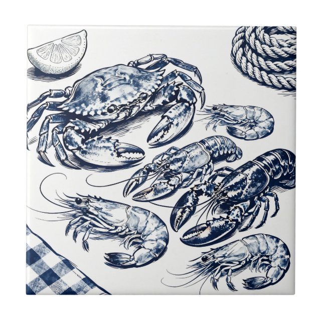 Nautical Seafood Lobster Crab Sketch Tile (Front)