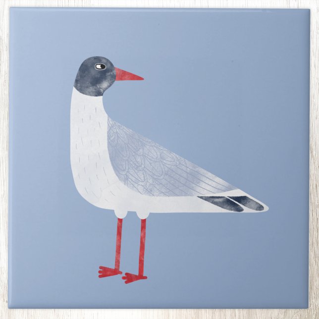 Nautical Seagull Bird Sky Blue Tile (Fun Black Headed Gull seagull ceramic tile)