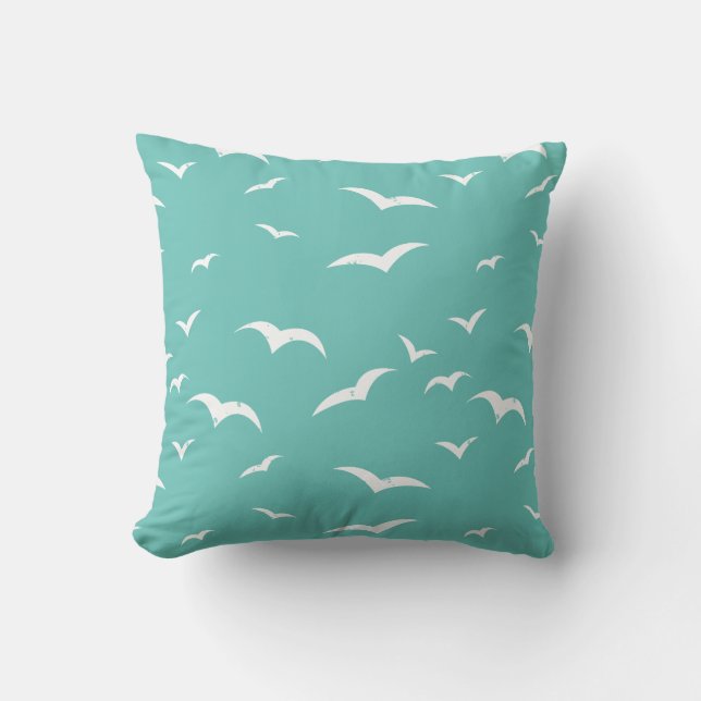 Nautical Seagulls Weathered Teal Blue and White Throw Pillow (Front)