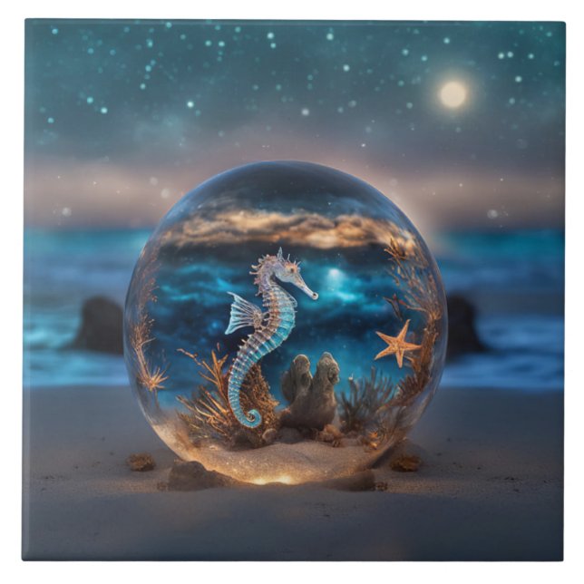 Nautical Seahorse and Starfish Fantasy Beach Tile (Front)