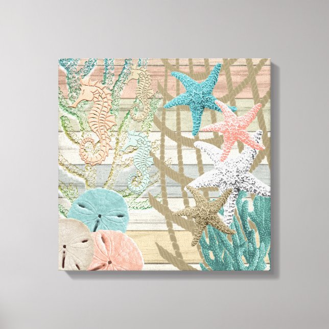 Nautical Seahorse Beach -Coral Canvas Print (Front)