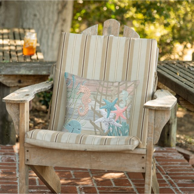 Nautical Seahorse Beach -Coral Outdoor Pillow (Chair)