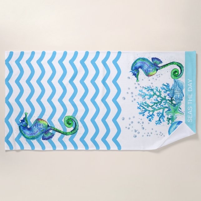 Nautical Seahorse Custom Teal Aqua Blue Marine Beach Towel (Front)