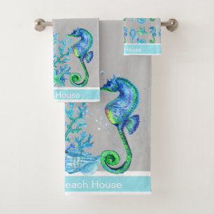 Nautical Seahorse Custom Teal Aqua Marine & Gray Bath Towel Set