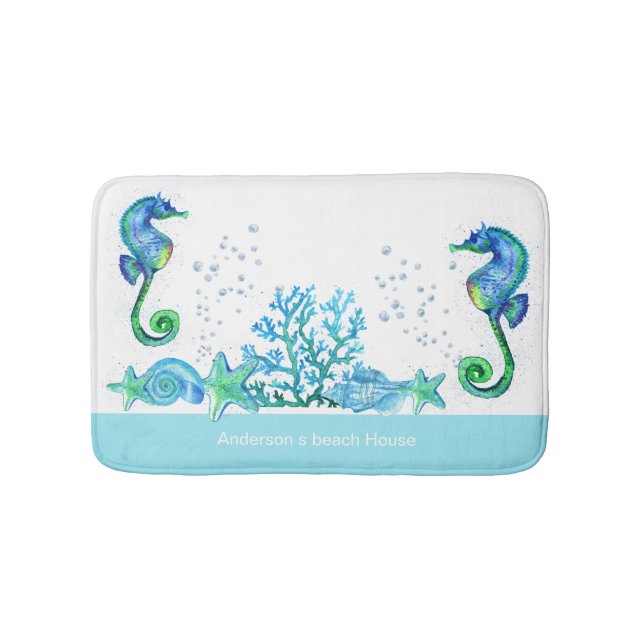 Nautical Seahorse Custom Teal Aqua & White  Bath Mat (Front)