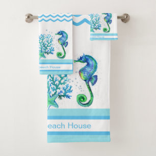 Nautical Seahorse Custom Teal Aqua & White Bath To Towel Set
