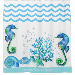 Nautical Seahorse Custom Teal Aqua & White Shower 