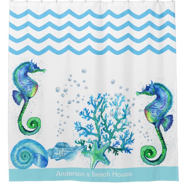 Nautical Seahorse Custom Teal Aqua & White Shower  (Front)