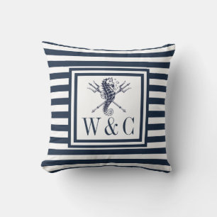Nautical Seahorse Monogram Navy Blue Striped Throw Pillow