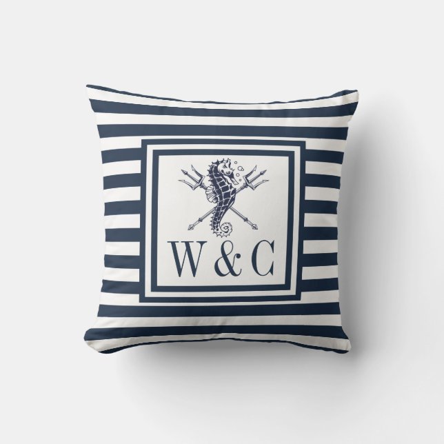 Nautical Seahorse Monogram Navy Blue Striped Throw Pillow (Front)