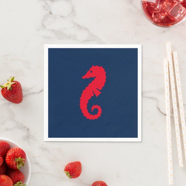Nautical seahorse navy blue and red paper napkin (Insitu)