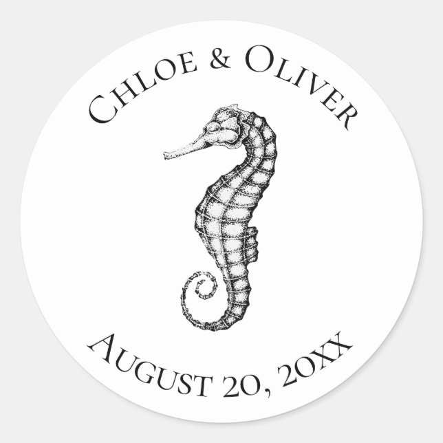 Nautical Seahorse Personalized Classic Round Sticker (Front)
