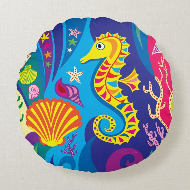 Nautical Seahorse Round Pillow (Front)