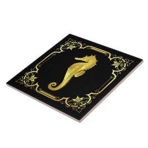 Nautical seahorse silhouette/gold/black tile