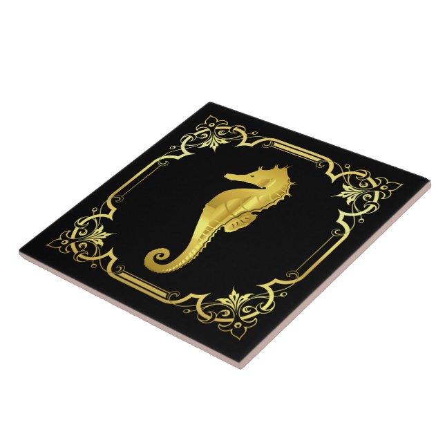 Nautical seahorse silhouette/gold/black tile (Side)