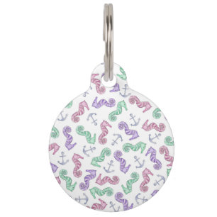 Nautical Seahorses and Watercolor Anchors Pet Tag