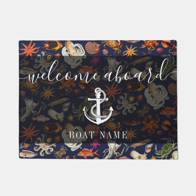 Nautical Sealife Boat Name Welcome Aboard Doormat (Front)
