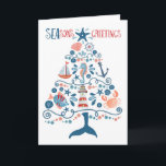 Nautical Seas and Greetings Beach Christmas Tree Holiday Card<br><div class="desc">Beach inspired Holiday greeting card features a pattern of tropical fish, lighthouse, whale tail, seashell, starfish, crab, sand dollar, sailboat, seahorse and captain's wheel in the shape of a Christmas tree with "SEAson's Greetings" in a cool nautical font. Inside has a "Warmest wishes for a Merry Christmas & Happy New...</div>