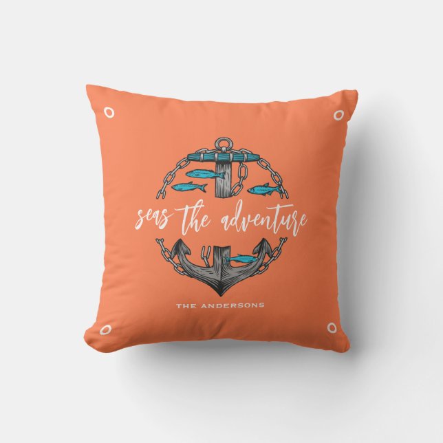 Nautical Seas the Adventure Quote Anchor Coral Outdoor Pillow (Front)