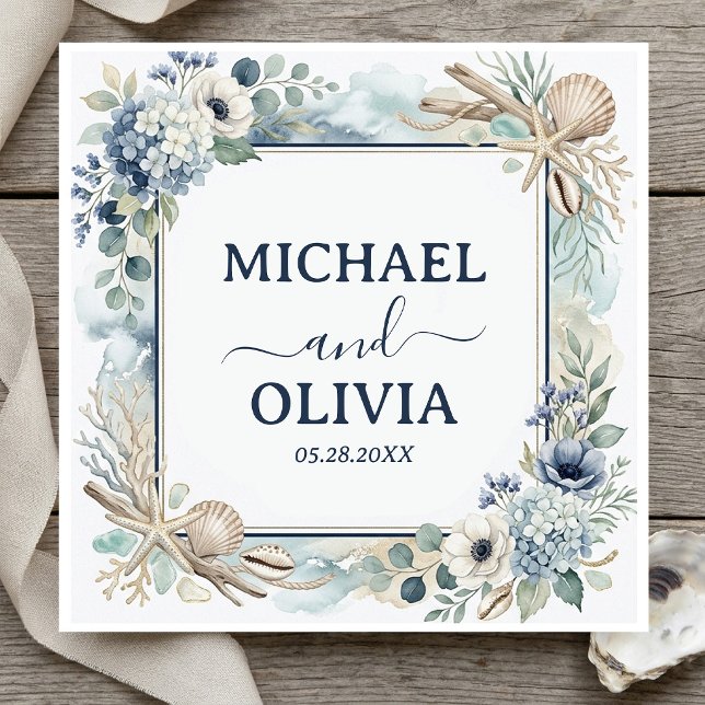Nautical Seashell Blue Floral Ocean Theme Wedding  Napkin (Creator Uploaded)