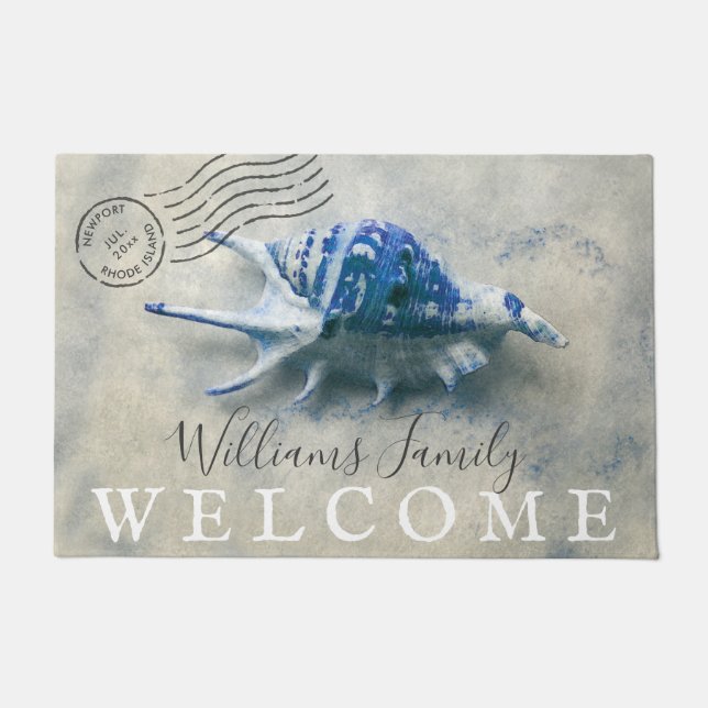 Nautical Seashell Blue Monogrammed Name Welcome Doormat (Front)