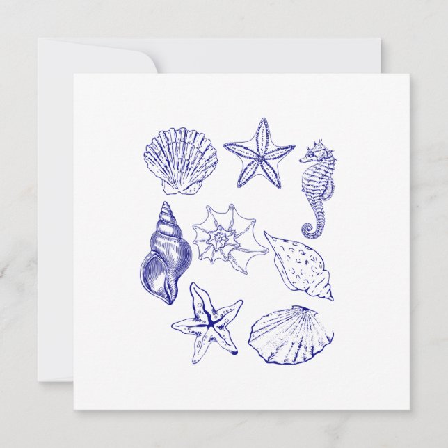Nautical Seashell invitation – Blue Line Art Ocean (Front)