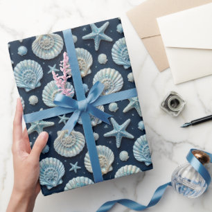 Nautical Seashell Starfish Blue and White  Wrapping Paper