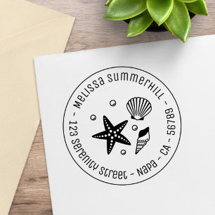 Nautical Seashell Starfish Pearls Round Address Rubber Stamp