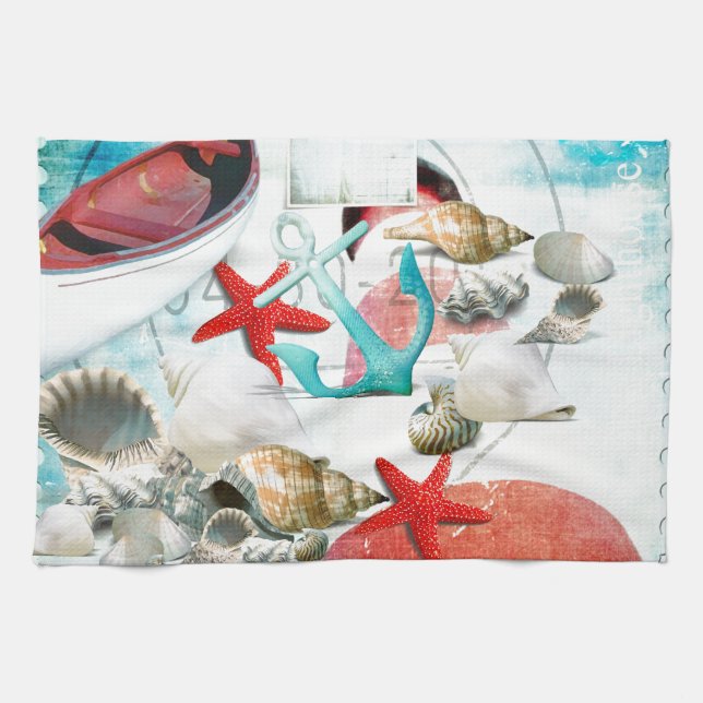 Nautical Seashells Anchor Starfish Beach Theme Kitchen Towel (Horizontal)