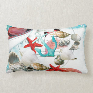 Nautical Seashells Anchor Starfish Beach Theme Lumbar Pillow