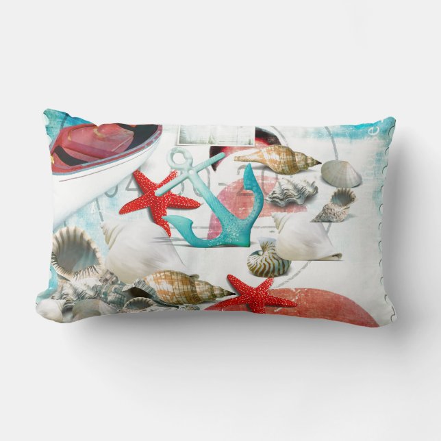 Nautical Seashells Anchor Starfish Beach Theme Lumbar Pillow (Front)