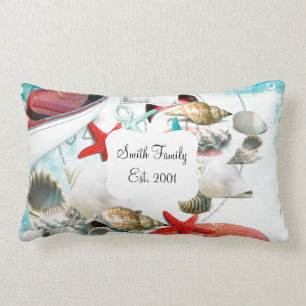 Nautical Seashells Anchor Starfish Beach Theme Lumbar Pillow