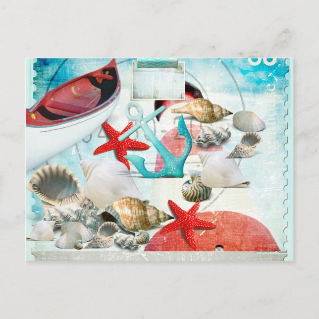 Nautical Seashells Anchor Starfish Beach Theme Postcard (Front)