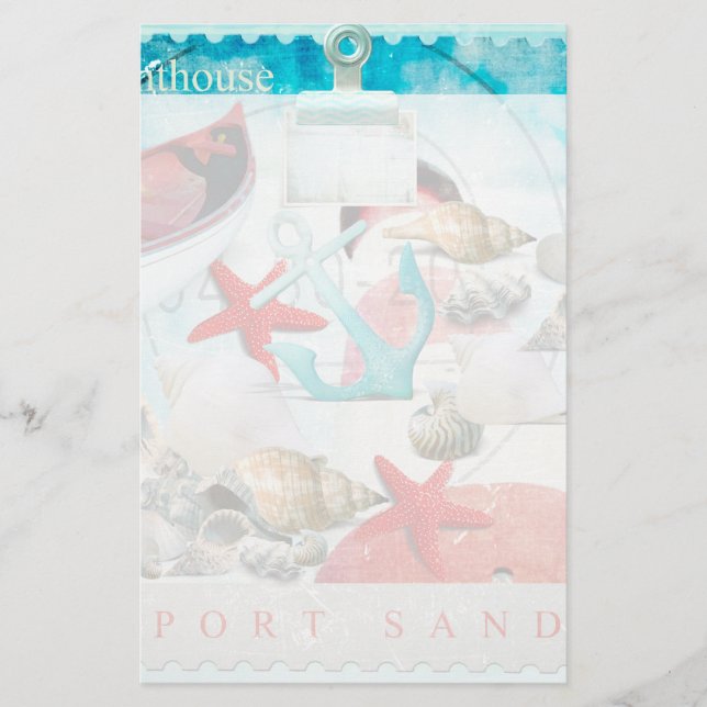 Nautical Seashells Anchor Starfish Beach Theme Stationery (Front)