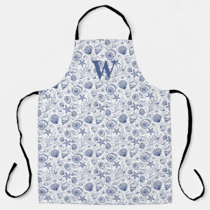 Nautical Seashells Blue and White Apron Starfish