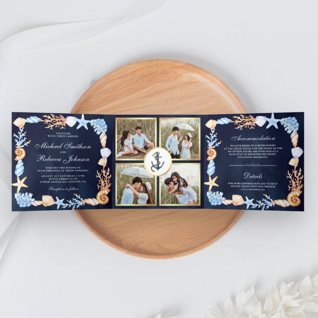 Nautical Seashells Navy Blue Photo Collage Wedding Tri-Fold Invitation (Creator Uploaded)