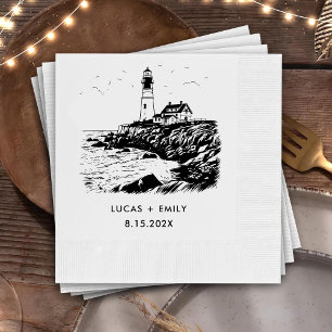 Nautical Seaside Lighthouse Dark Black Wedding Napkin