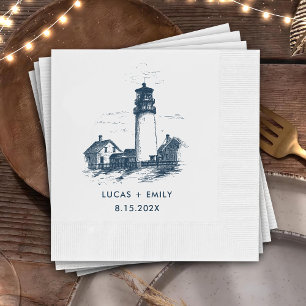 Nautical Seaside Lighthouse Dark Blue Wedding Napkin
