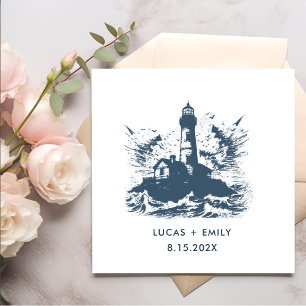 Nautical Seaside Lighthouse Dark Blue Wedding Napkin