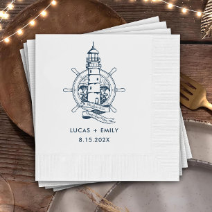 Nautical Seaside Lighthouse Dark Blue Wedding Napkin