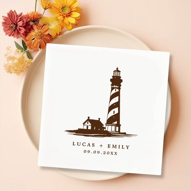 Nautical Seaside Lighthouse Dark Blue Wedding Napkin (Creator Uploaded)