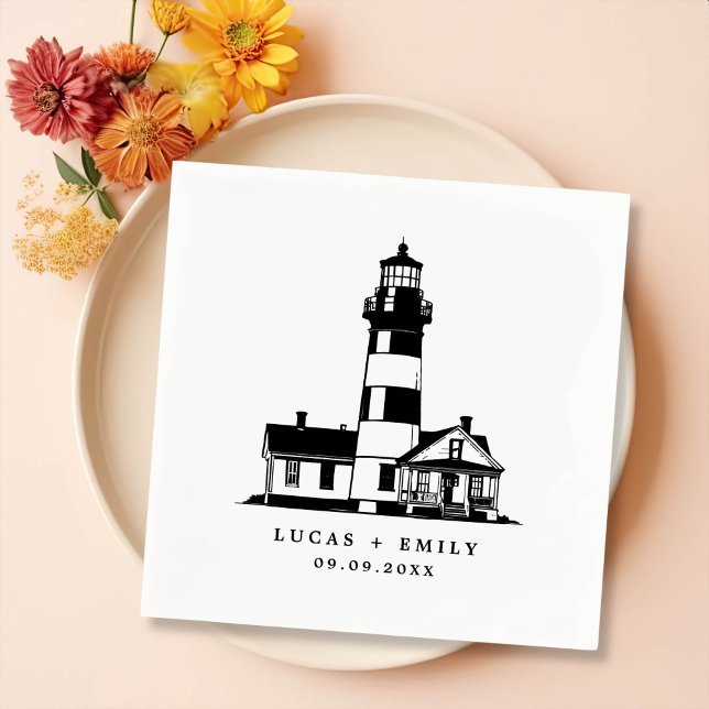 Nautical Seaside Lighthouse Dark Blue Wedding Napkin (Creator Uploaded)