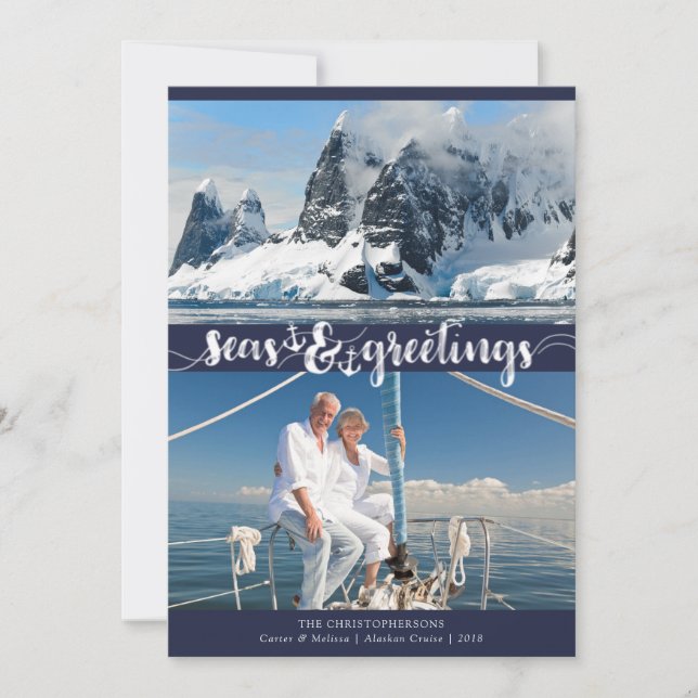 Nautical SEAsons Greetings | Anchors | Navy Blue Holiday Card (Front)