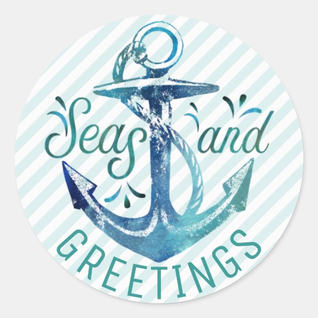 Nautical "SEAson's Greetings," Aqua Stripes Classic Round Sticker (Front)