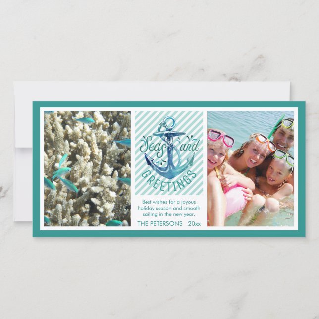 Nautical "SEAson's Greetings" - Aqua Stripes Holiday Card (Front)