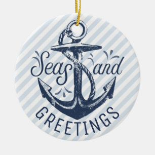 Nautical SEAsons Greetings Blue and White Photo Ceramic Ornament