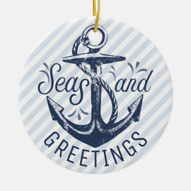Nautical SEAsons Greetings | Blue and White Photo Ceramic Ornament (Front)