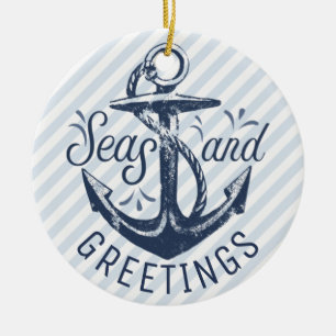 Nautical SEAsons Greetings Blue and White Stripe Ceramic Ornament