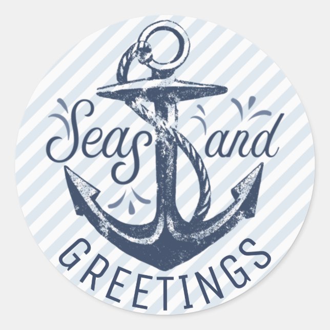 Nautical "SEAson's Greetings," Navy Blue Stripes Classic Round Sticker (Front)